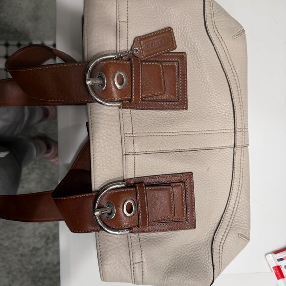 Coach Pebbled Leather Shoulder Bag | Ivory & Brown | Classic Buckle Detail - Picture 9 of 11